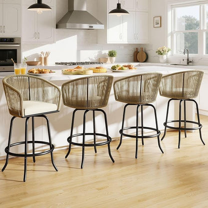 DWVO Outdoor Counter Height Bar Stools Set of 2, Patio Swivel Bar Chairs with Soft Cushions, 360° Rotation, Bar Height Rattan Chairs for Backyard, Poolside, Garden, Beige