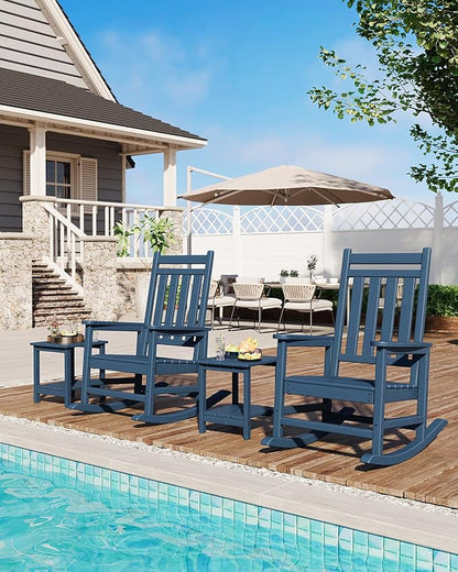 GarveeLife Poly Lumber Rocking Chair Outdoor Set of 4 - HDPE High Back Porch Rocker Chairs for Adults - All Weather Resistant Furniture for Patio - Navy Blue