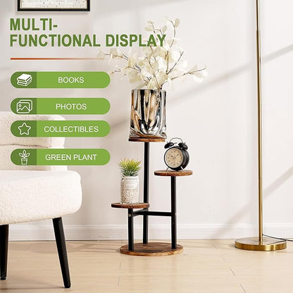 VECELO 3 Tier Plant Stand Indoor Outdoor, Tall Metal Wood Flower Shelf for Multiple Plants, Small Tiered Round Corner Display Rack, Planter Pot Holder for Patio Garden Balcony Living Room Bedroom