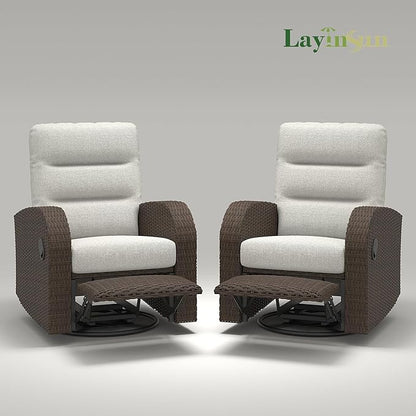 LayinSun Oversized Wicker Outdoor Swivel Glider Recliner with Adjustable Backrest & Footrest, Patio Reclining Lounge Chair - Set of 2