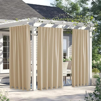 NICETOWN 2 Panels Outdoor Curtains for Patio Waterproof & Windproof, Thermal Insulated Top & Bottom Grommet & Back Tab Light Block Outdoor Drapes with Bouns Rope for Fixed, Biscotti Beige, W66 x L84