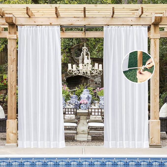 NICETOWN Outdoor Sheer White Weighted Curtains Rod Pocket Back Tab 120 inch Length 2 Panels Set W54, Light Filtering Grommet Mosquito Netting Curtains for Patio/Cabana/Pergola/Porch