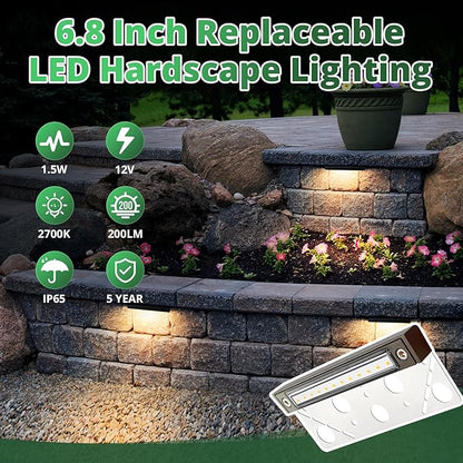 GKOLED 4-Pack Replaceable 6.8" LED Hardscape Lights, Low Voltage Retaining Wall Light, Paver Wall Hardscape Lighting, Outdoor Landscape Step Lights, 12VAC/DC 1.5W 2700K, Die-cast Aluminum Housing