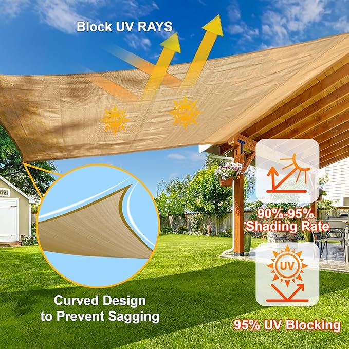 SUNLAX Sun Shade Sail 12' x 15' Sand Rectangle Canopy Sail Shade Cover UV Block Permeable Sunshade Outdoor for Patio Backyard Deck Pergola (We Make Custom Size)