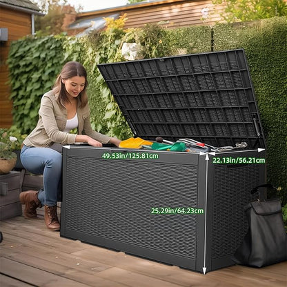 120 Gallon Outdoor Deck Box, Lockable Waterproof Outdoor Storage Boxes For Garden Tools,Indoor Cushions,Accessories Outside Storage Resin Weatherproof Container(Black)