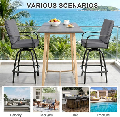 Patio Swivel Bar Stools Set of 2, Outdoor Bar Height Swivel Chairs with Cushions for Garden Balcony Backyard, Grey