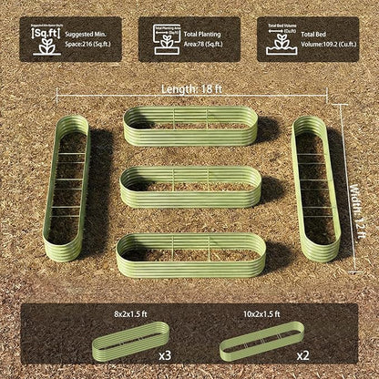 5-Pack 18” Tall Galvanized Raised Garden Beds – Everyday Kitchen Garden Layout, Fits 200 Sq Ft Patio or Backyard, 10x2x1.5 ft & 8x2x1.5 ft Metal Flower Bed for Herbs Vegetable - Sand Beige