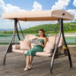 3 in 1 Outdoor Porch Swing with Adjustable Canopy, 3 Seat Outdoor Swing for Adults, Patio Swing Chair with Thickened Cushions,Pillows & Cup Holders for Backyard, Porch, Garden (Khaki)