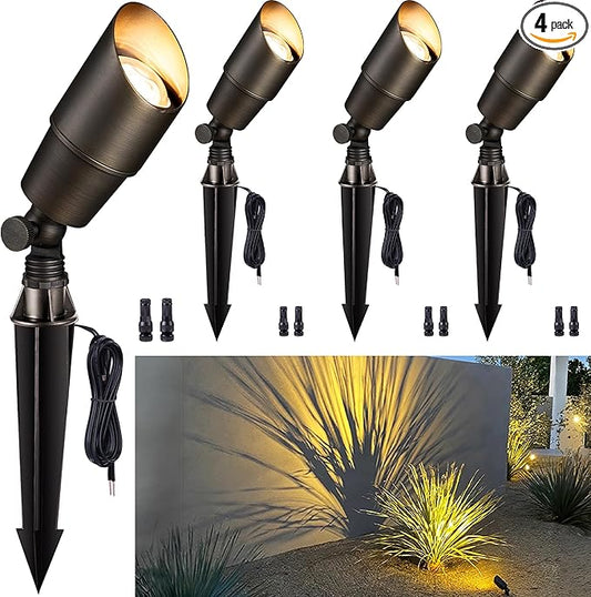 Gardenreet Brass Landscape Lighting - Outdoor Low Voltage Spotlights LED, 12V Wired Uplights, Waterproof Spot Lights Antique Bronze for Outside Trees Without MR16 Bulb (4 Pack)
