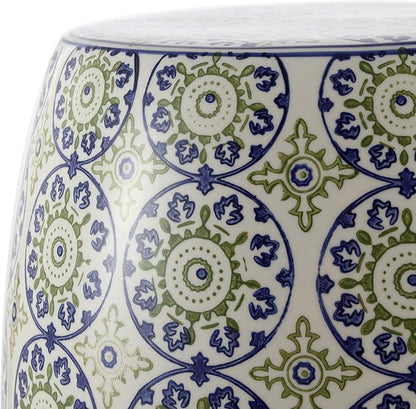 JONATHAN Y TBL1025A Lula 17.25" Suzani Ceramic Indoor/Outdoor Garden Stool, Blue/Green, Classic, Coastal, Bohemian, Traditional, Mediterranean, Cottage for Living Room, Garden, Outdoor, Home