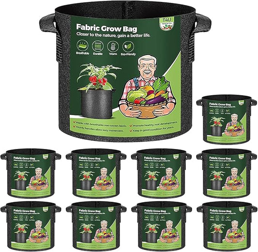 T4U 3 Gallon Grow Bags, Upgrade Grow Bags with Handles, Heavy Duty Thickened Nonwoven Fabric Pots, 3 Gallon Pots for Plants, Rosemary, Chamomile, Onion (10 Pack)