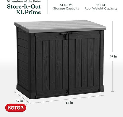 Keter Store-It-Out Prime XL 4.75 x 2.6 Foot Resin Outdoor Storage Shed with Double Doors and Easy Lift Hinges, Perfect for Trash Cans, Garden and Yard Tools, and Pool Toys, Black