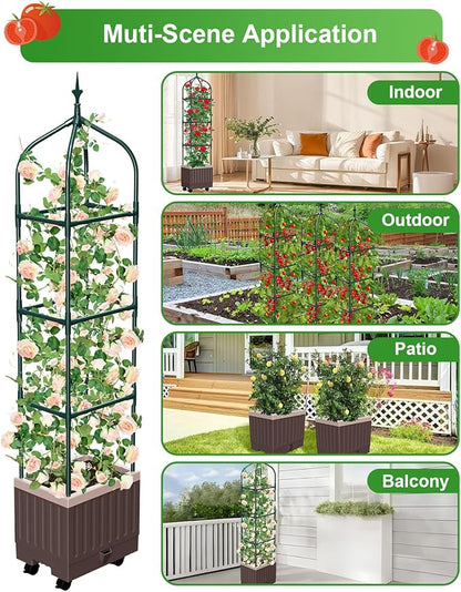 Raised Garden Bed Planter Boxes with Trellis,1pcs 70.9"Self-Watering Tomato Planter Boxes with Trellis for Climbing Vegetables Plants Flowers Tomato with Wheels,Use for Indoor Outdoor (Brown)