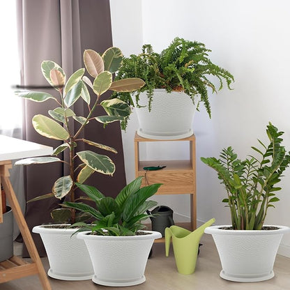 Quarut 12 Inch Plant Pot,4 Pack Large pots for Plants,Flower Pots with Drainage Hole & Saucer,Modern Planters for Indoor Outdoor Plants,Decorative Resin Garden Pots,White