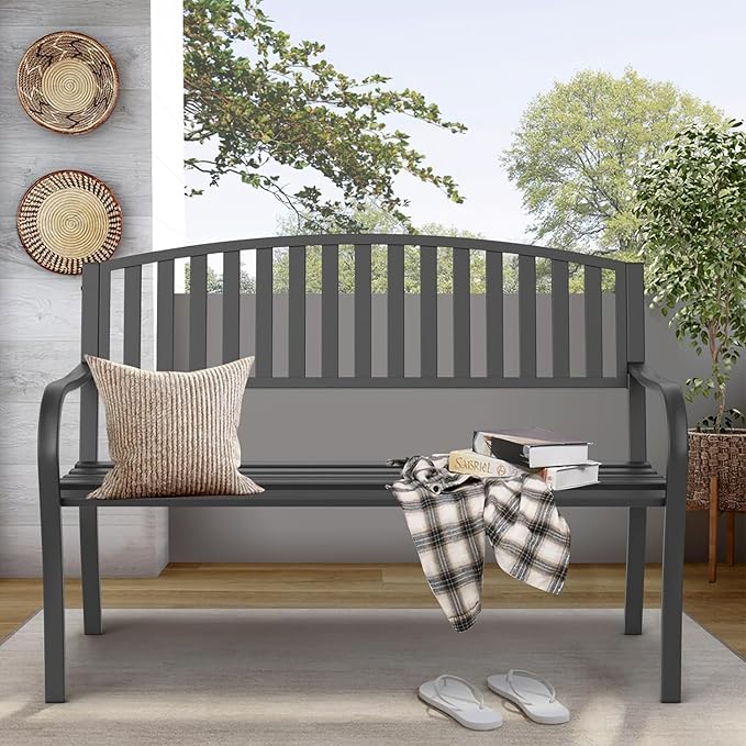 On Shine 50'' Outdoor Bench Weatherproof, Cast Iron All Metal Frame Garden Bench, Anti-Rust Patio Park Bench Clearance for Front Porch, Yard, Lawn, Deck