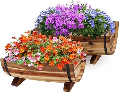 Solid Acacia Wood Half Barrel Planters Outdoor Set of 2 Different Sizes, Wooden Planters for Outdoor Plants with Metal Bands & Drainage Holes, Legs Included, Natural