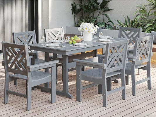 7-Piece Outdoor Dining Set, HDPE All-Weather Patio Table and Chairs Set for 6, Outdoor Patio Furniture Sets with Umbrella Hole for Outside, Deck, Backyard, Garden (Grey)
