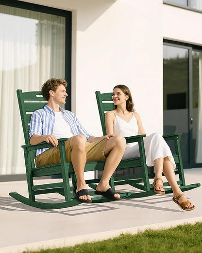 SERWALL Outdoor Rocking Chair Set of 2, Oversized Rocking Chair with Footboard for Adults, HDPE All Weather Resistant Rocking Chairs for Patio, 350lbs Weight Capacity,Green