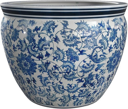 Red Lantern Large 20" Porcelain Fishbowl Blue & White Floral Planter or Cachepot for Indoor/Outdoor Use in Garden Entryway Living Room Boho Eclectic Modern Contemporary Classic Traditional Style Decor