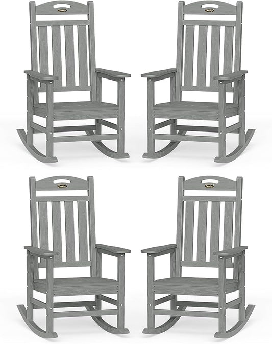 Oversized Outdoor Rocking Chair Set of 4, High Back Porch Rocker Chair, HDPE Rocking Chairs for Patio, Living Room, Light Grey