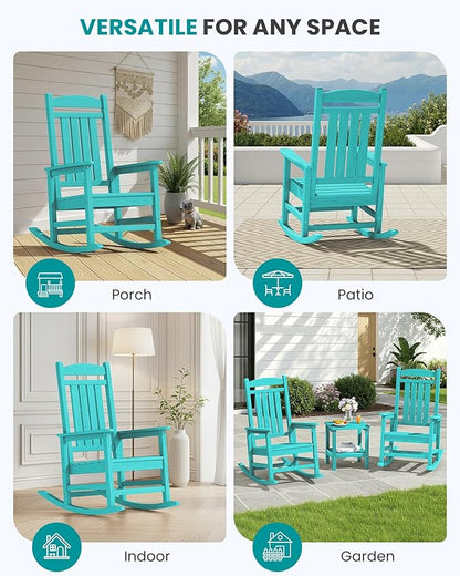 SERWALL HDPE Outdoor Rocking Chair Set of 4, Patio Rocking Chairs, All-Weather Porch Rockers for Adults, Aruba Blue