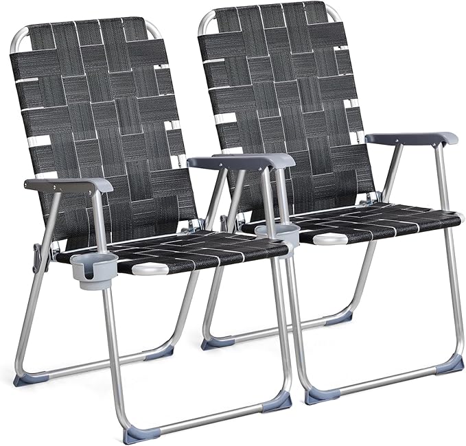 VINGLI Aluminum Patio Lawn Chairs Folding Set of 2 with Detachable Cup Holder, Webbed Beach Chair Folding Chair Outdoor Portable Camping Chair for Yard, Garden