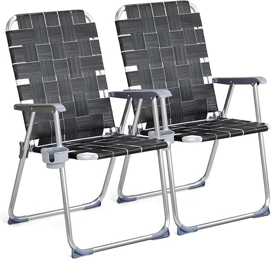 VINGLI Aluminum Patio Lawn Chairs Folding Set of 2 with Detachable Cup Holder, Webbed Beach Chair Folding Chair Outdoor Portable Camping Chair for Yard, Garden