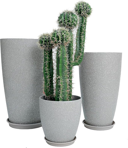 24,21,11 Inch Large Plastic Planters with Drainage Hole and Saucer - Set of 3 Tall Plant Pots Indoor Flower Pot Tall Round Planters Outdoor Large Tall Planter