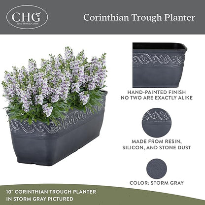 Classic Home and Garden Corinthian Rectangular Planter Box w/Drain Plug - Small Succulent Pots - Shallow Trough Planter for Indoor/Outdoor (10” Storm Gray, Pack of 1)