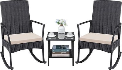 Greesum 3 Pieces Patio Furniture Set Outdoor Wicker Rocking Chairs with Glass Coffee Table for Garden Backyard Porch Poolside, Beige