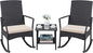 Greesum 3 Pieces Patio Furniture Set Outdoor Wicker Rocking Chairs with Glass Coffee Table for Garden Backyard Porch Poolside, Beige