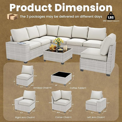 9 Piece Outdoor Patio Furniture Set with 28'' Fire Pit Table, Outdoor Sectional Furniture, Rattan & Wicker Modern Modular Conversation Set Sofa Couch W/Water Resistant Washable Thick Cushions, Beige