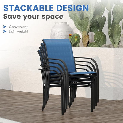 VICLLAX Large Patio Dining Furniture Set, Outdoor Dining Set for 10-60" Round Outdoor Table and Patio Stackable Chairs, Black Tabletop and Blue Fabric
