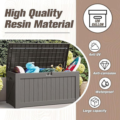 JUMMICO 120 Gallon Resin Deck Box, Large Outdoor Storage Box Waterproof & Lockable for Garden, Patio, Pools (Light Brown)