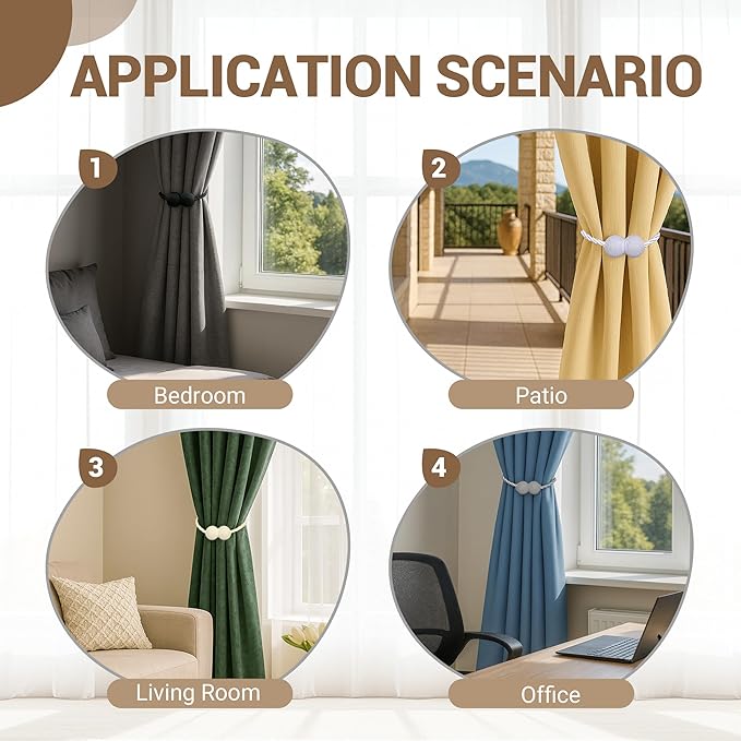 Hion Magnetic Curtain Tiebacks Grey 4 Pack, Curtain Tiebacks Buckles Holdbacks Holders Hooks Clip for Home Bedroom Office Decorative Thick or Thin Curtain