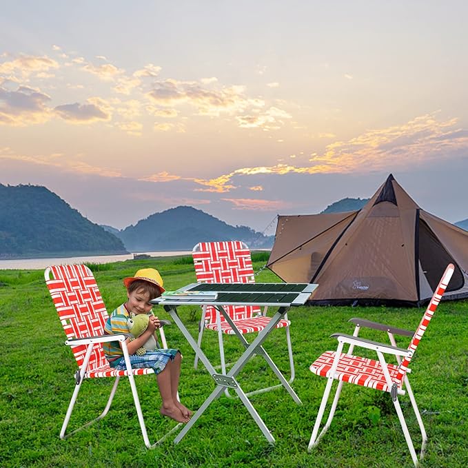 VINGLI Patio Lawn Webbed Folding Chairs Set of 2, Outdoor Beach Chair Portable Dining Chair for Yard, Garden (Red, Classic)