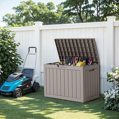 EasyUp 45 Gallon Outdoor Storage Box, Resin Waterproof UV-Resistant Deck Box, Reinforced Stability for Patio, Garden, and Poolside, Striped Gray