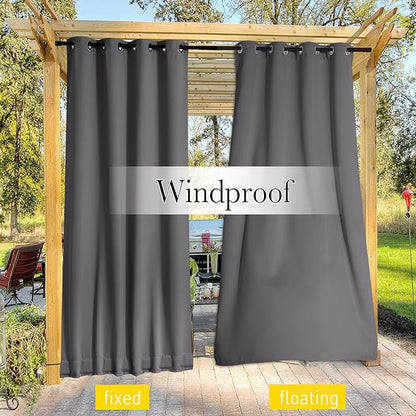 NICETOWN 2 Panels Windproof Blackout Outdoor Curtains for Patio Waterproof, Grommet & Back Tab on Top & Bottom Heavyweight Drapes Privacy for Pergola with Bouns Rope for Fixed, Grey, W46 x L80