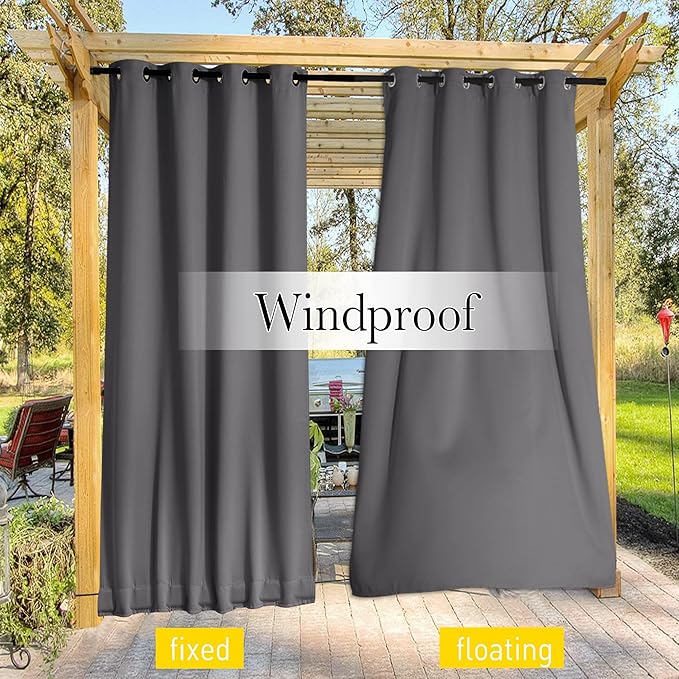 NICETOWN 2 Panels Outdoor Curtains for Patio Waterproof & Windproof, Grommet & Back Tab on Top & Bottom Weighted Drapes Keep Sun/Rain Out with Bouns Rope for Deck, Grey, W84 x L95