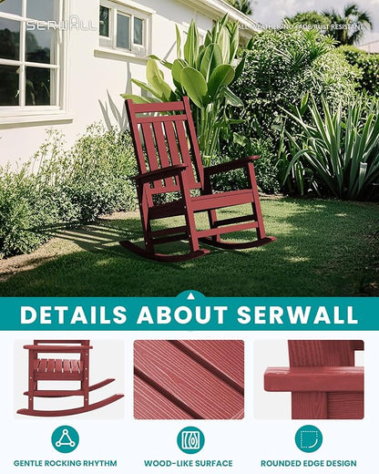 SERWALL Oversized Outdoor Rocking Chair Set of 4, HDPE Rocker for Adults, Patio Rocking Chairs for Porch, Crimson Red