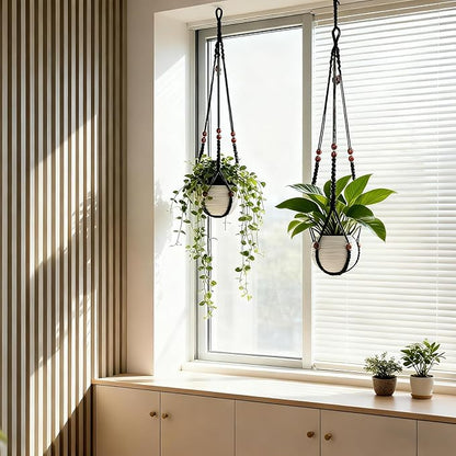 35 Inch Macrame Plant Hanger, Large for up to 15 Inch Pot Extra Long Hanging Planter Holder Basket with Wood Beads for Indoor Outdoor Home Decor (Black, 1-Pack)