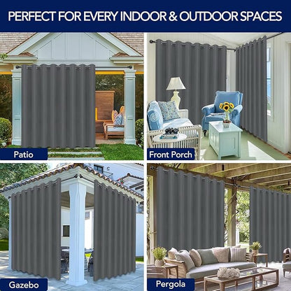 PureFit Outdoor Curtains for Patio Waterproof Weatherproof, UV and Fade Resistant Outside Curtains for Gazebo, Front Porch, Pergola, Sun Blocking Privacy Curtain, 120W x 84L inch, 1 Panel, Gray