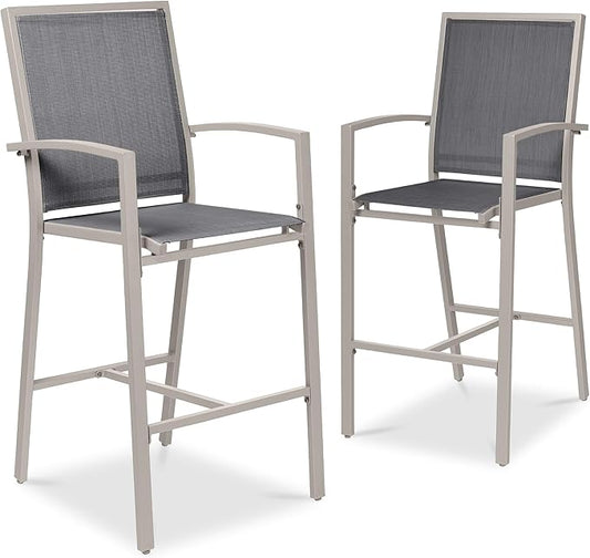 Best Choice Products Outdoor Bar Stools Set of 2, Bar Height, Patio Furniture, All Weather Mesh Design w/Armrest - Taupe/Charcoal