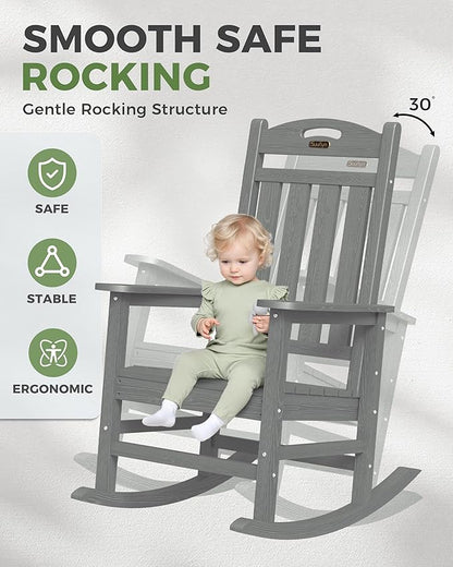 Oversized Rocking Chair Outdoor, High Back Porch Rocker Chair, HDPE All Weather Resistant Rocking Chairs for Patio, 380lbs Weight Capacity, Grey