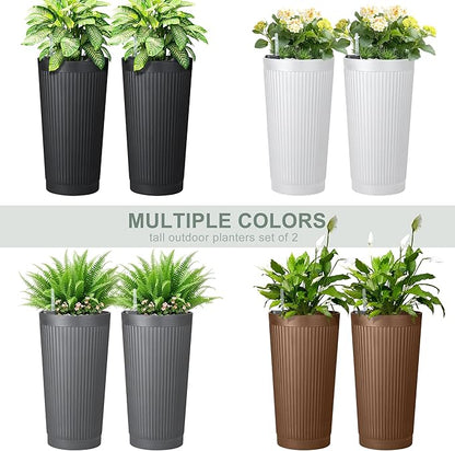 Self Watering Tall Black Planters Outdoor Set of 2, 24” Flower Pots Planters for Outdoor Plants, Modern Plastic Tall Planter for Front Porch, with Drainage Hole (Ribbed)