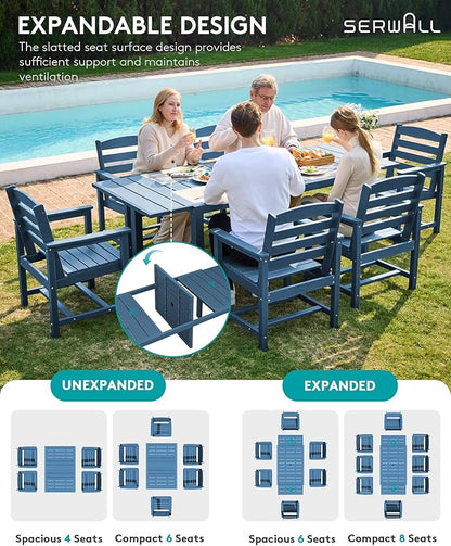 SERWALL 7-Piece Patio Dining Sets, 60" - 83" Expandable Outdoor Dining Table and 6 HDPE Chairs, All Weather HDPE Outdoor Furniture Set for Backyard, Garden, Blue