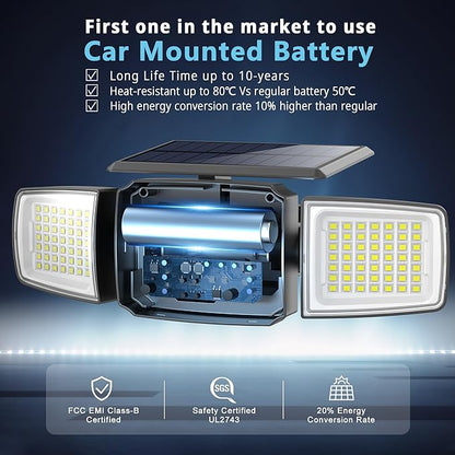 Solar Security Light Outdoor Super Bright LED, Motion Sensor Flood Light, 3 Heads 270° Wide Angle,Remote Control, IP65 Waterproof, 3 Modes (4 Packs)