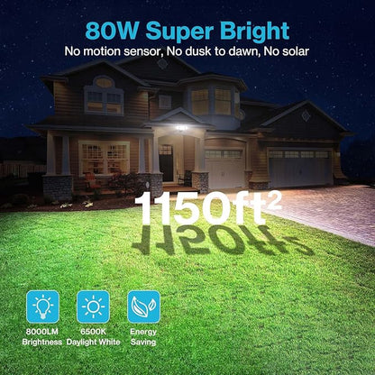 Olafus 80W Flood Lights Outdoor 2 Pack, Switch Controlled LED Security Lights 8000LM, 6500K Outside Floodlight, IP65 Waterproof Exterior Light Fixture for House, Yard, Garage, Wall/Eave Mount Black