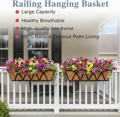 Window Deck Railing Planters Boxes with Coconut Liner, The Bottom Flat Window Boxes Planters Flower Boxes Metal Black Balcony Planter Railing Hanging for Outdoor Fence Porch Patio Lawn(4Pcs 30 Inch)