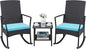 Greesum 3 Pieces Patio Furniture Set Outdoor Wicker Rocking Chairs with Glass Coffee Table for Garden Backyard Porch Poolside, Blue